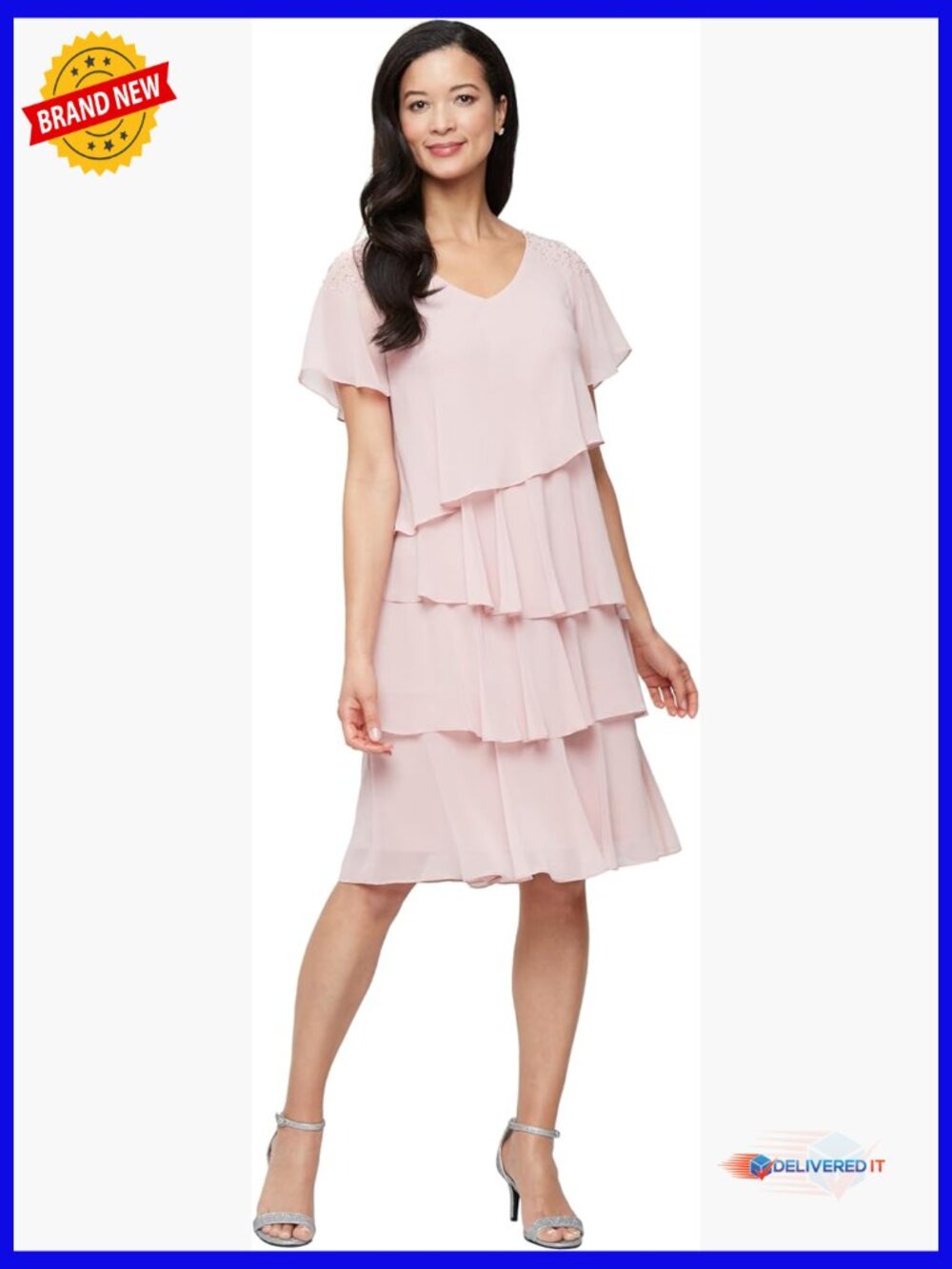 V-Neck Chiffon Dress with Beaded Shoulders Asymmetrical Tiers Petite Regular